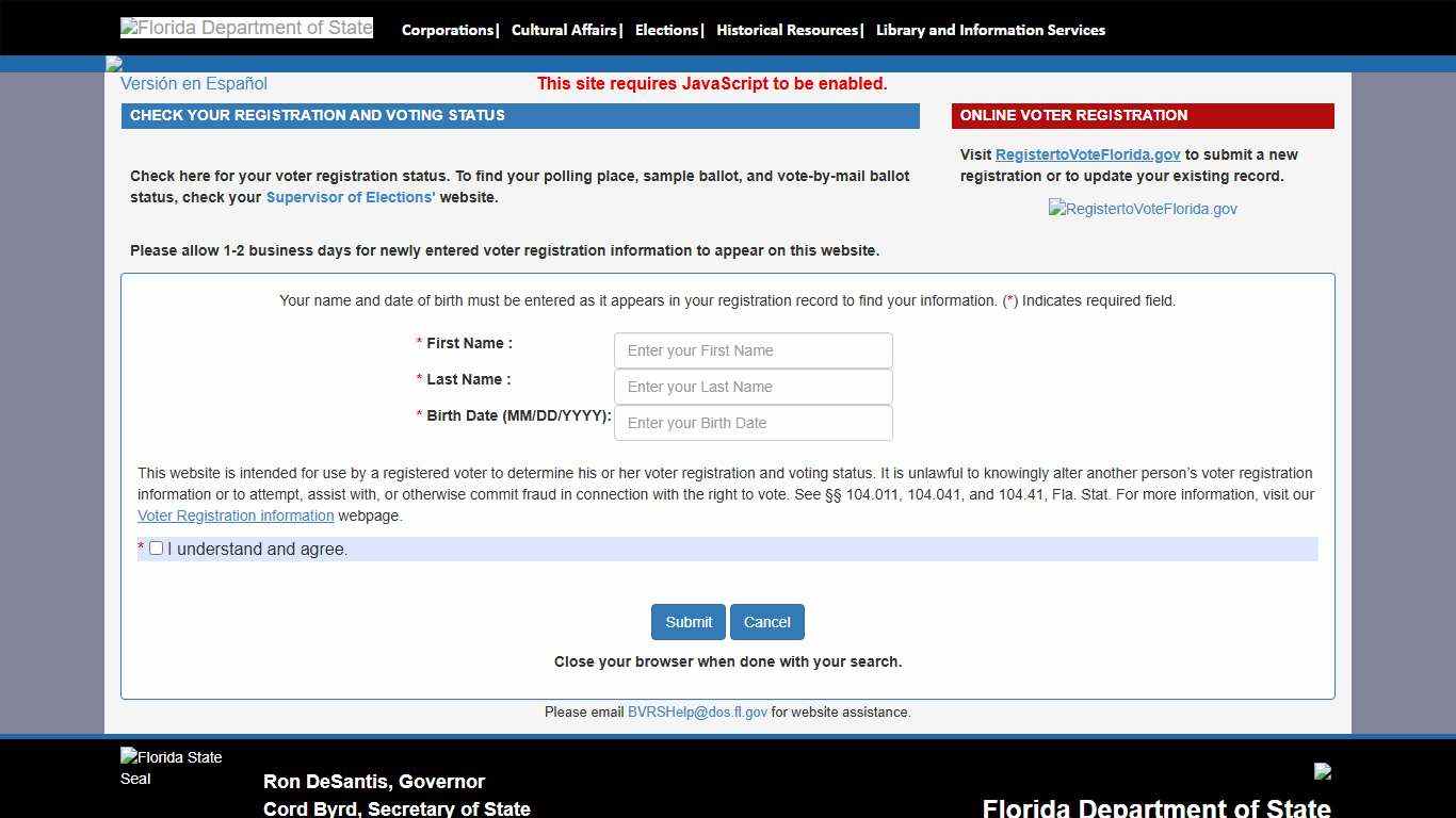 State of Florida Voter Lookup Search